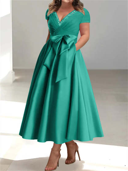 Plus Size Mother of the Bride A-Line Princess V-Neck Dress with Pockets and Ruffles-BMbridal