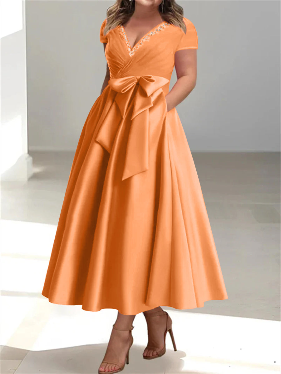 Plus Size Mother of the Bride A-Line Princess V-Neck Dress with Pockets and Ruffles-BMbridal