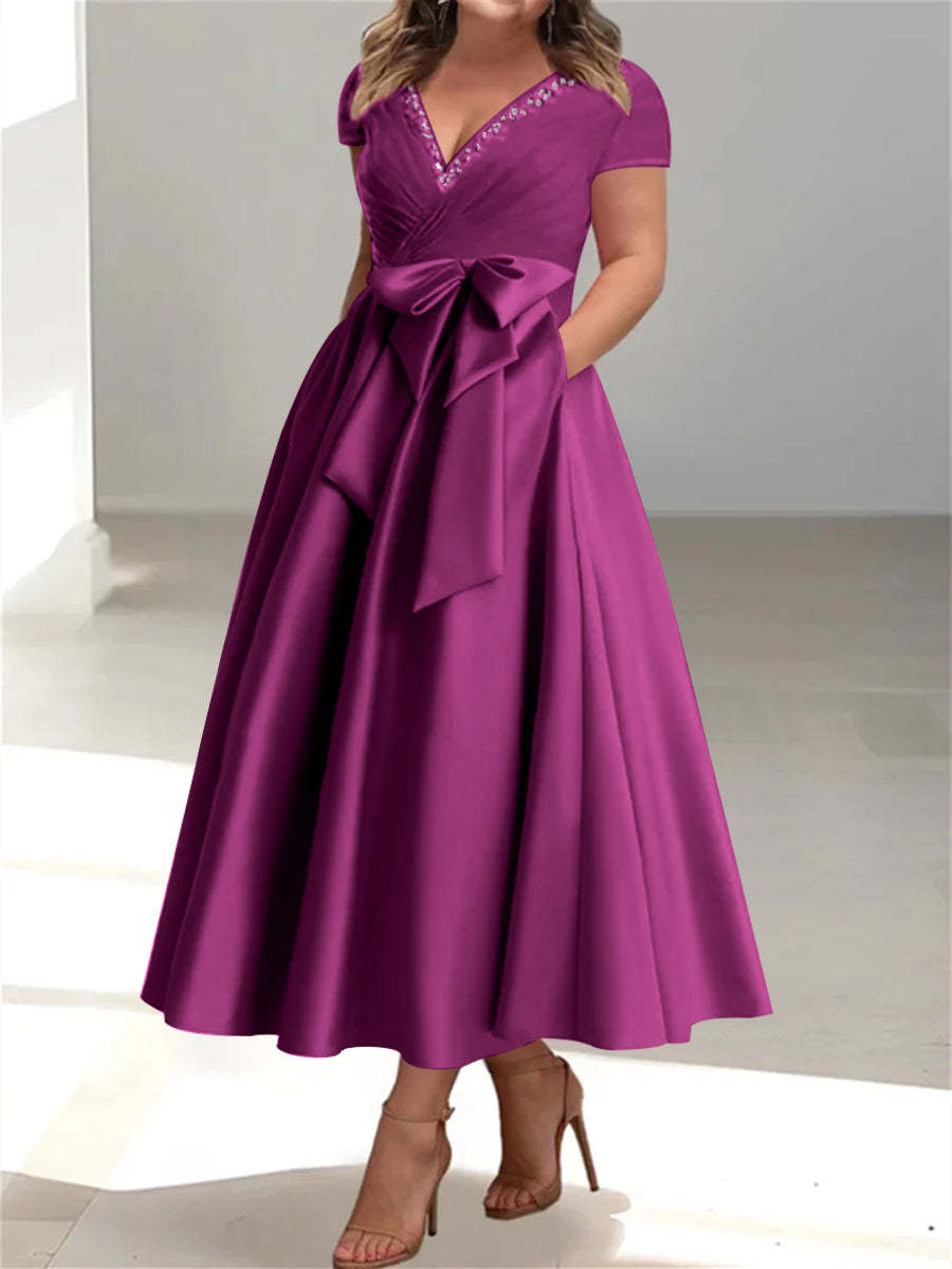 Plus Size Mother of the Bride A-Line Princess V-Neck Dress with Pockets and Ruffles-BMbridal