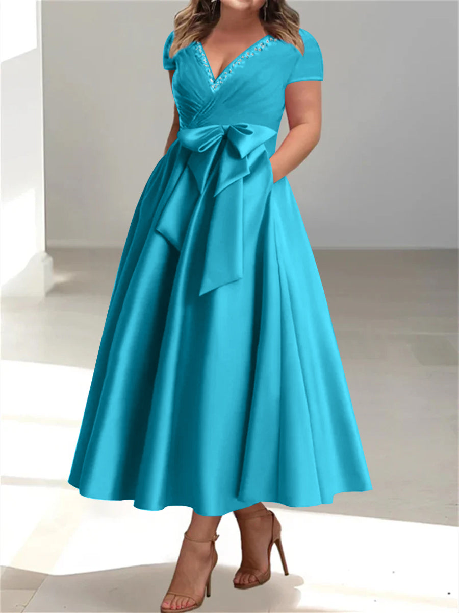 Plus Size Mother of the Bride A-Line Princess V-Neck Dress with Pockets and Ruffles-BMbridal