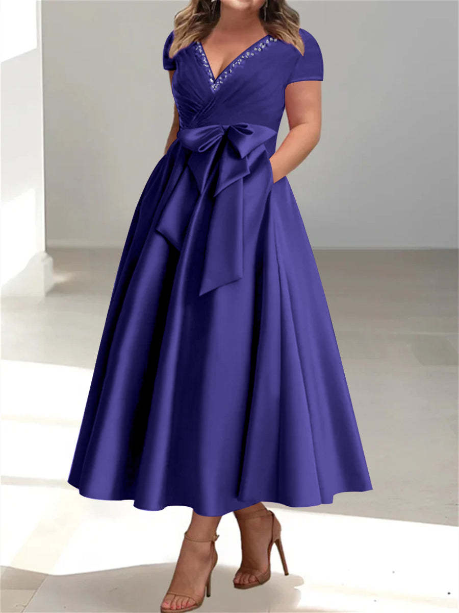 Plus Size Mother of the Bride A-Line Princess V-Neck Dress with Pockets and Ruffles-BMbridal