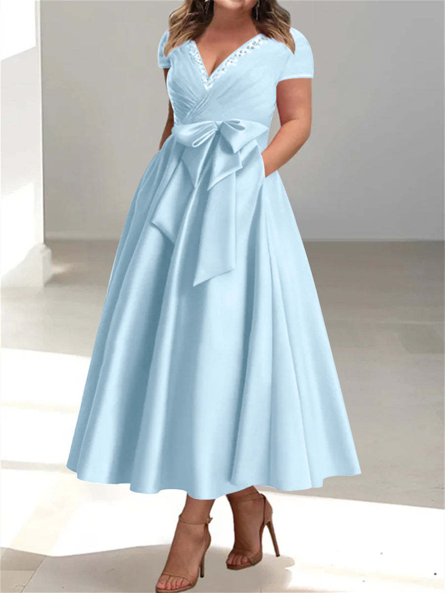 Plus Size Mother of the Bride A-Line Princess V-Neck Dress with Pockets and Ruffles-BMbridal