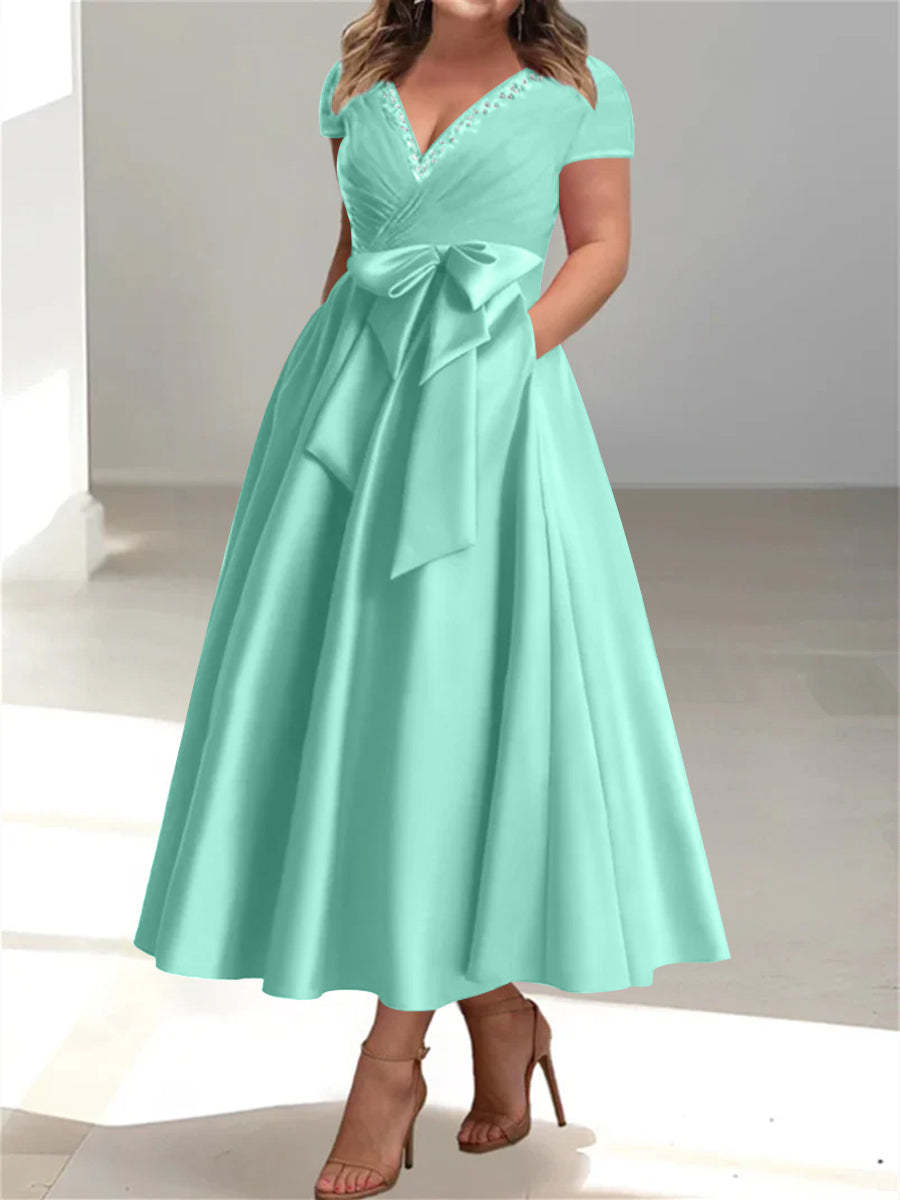 Plus Size Mother of the Bride A-Line Princess V-Neck Dress with Pockets and Ruffles-BMbridal