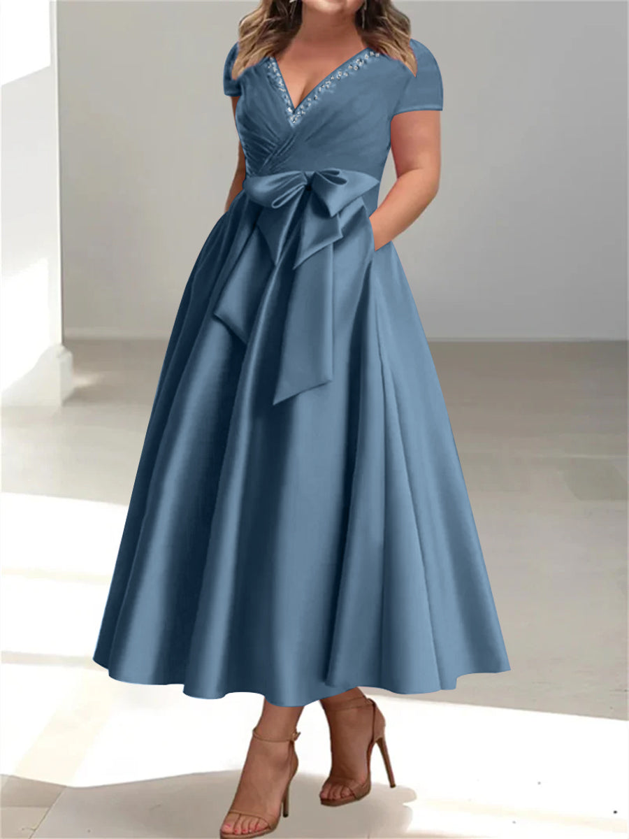 Plus Size Mother of the Bride A-Line Princess V-Neck Dress with Pockets and Ruffles-BMbridal