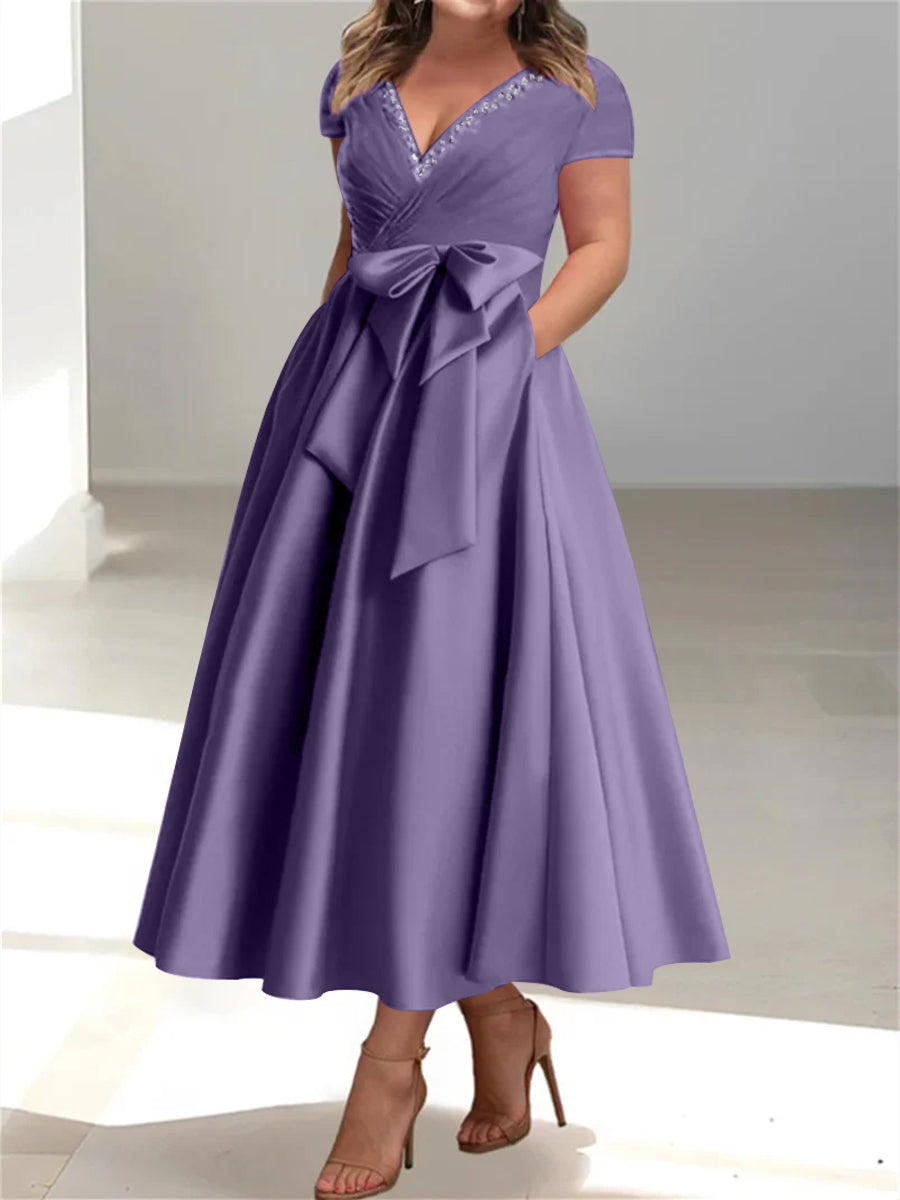 Plus Size Mother of the Bride A-Line Princess V-Neck Dress with Pockets and Ruffles-BMbridal