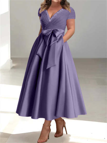 Plus Size Mother of the Bride A-Line Princess V-Neck Dress with Pockets and Ruffles-BMbridal