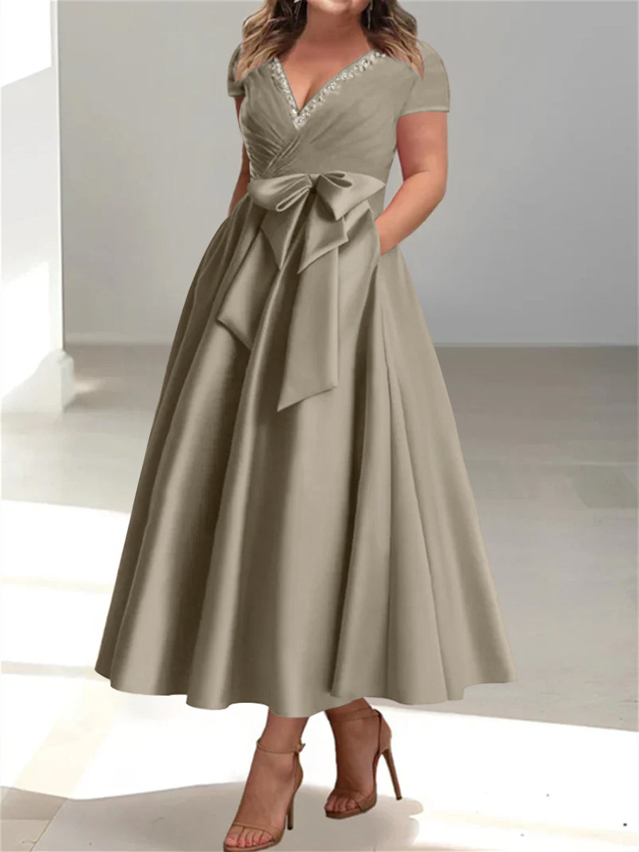 Plus Size Mother of the Bride A-Line Princess V-Neck Dress with Pockets and Ruffles-BMbridal