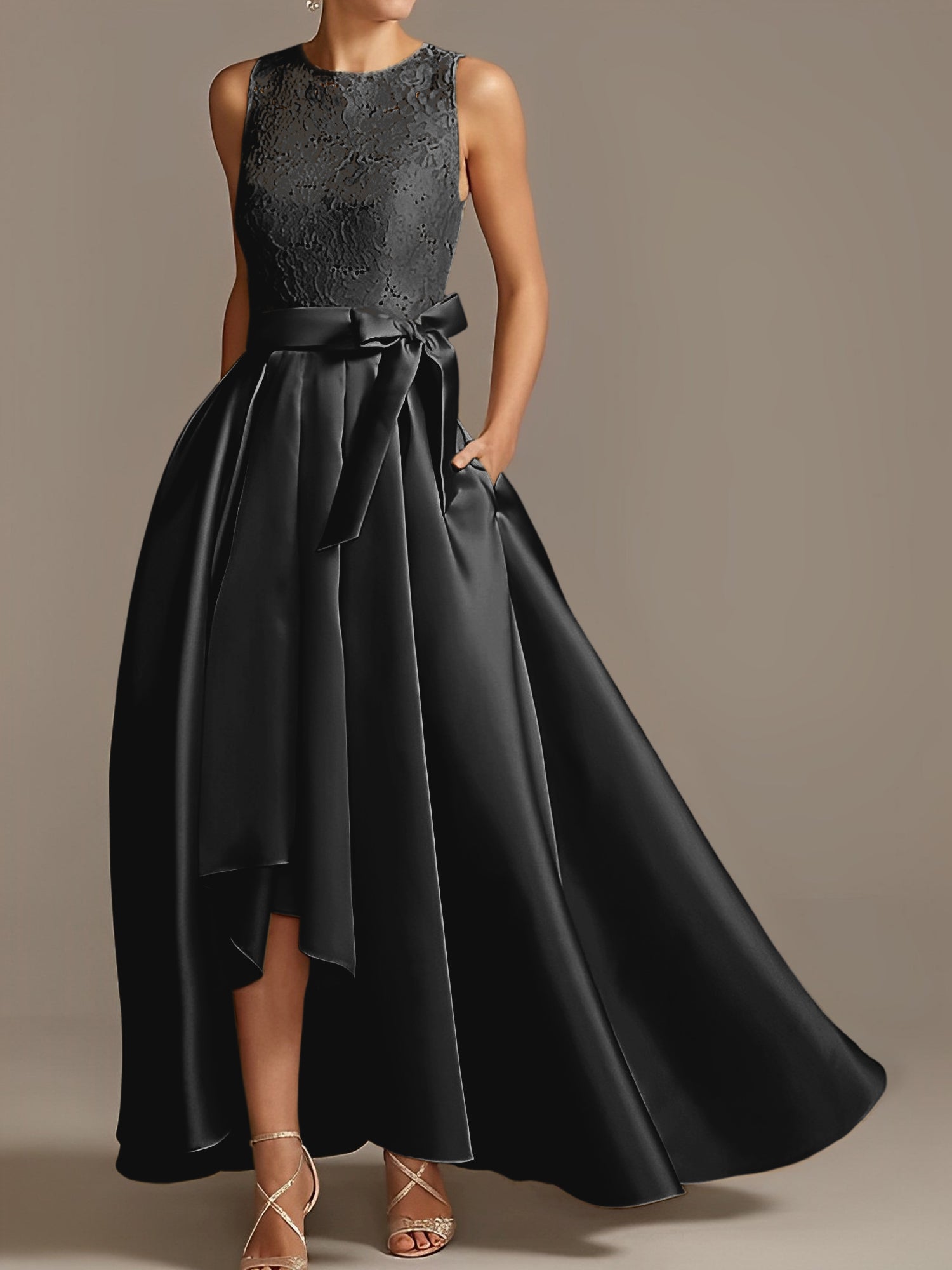 Asymmetrical Princess A-Line Sleeveless Mother Of The Bride Dress With Jewel Neck And Pleats-BMbridal