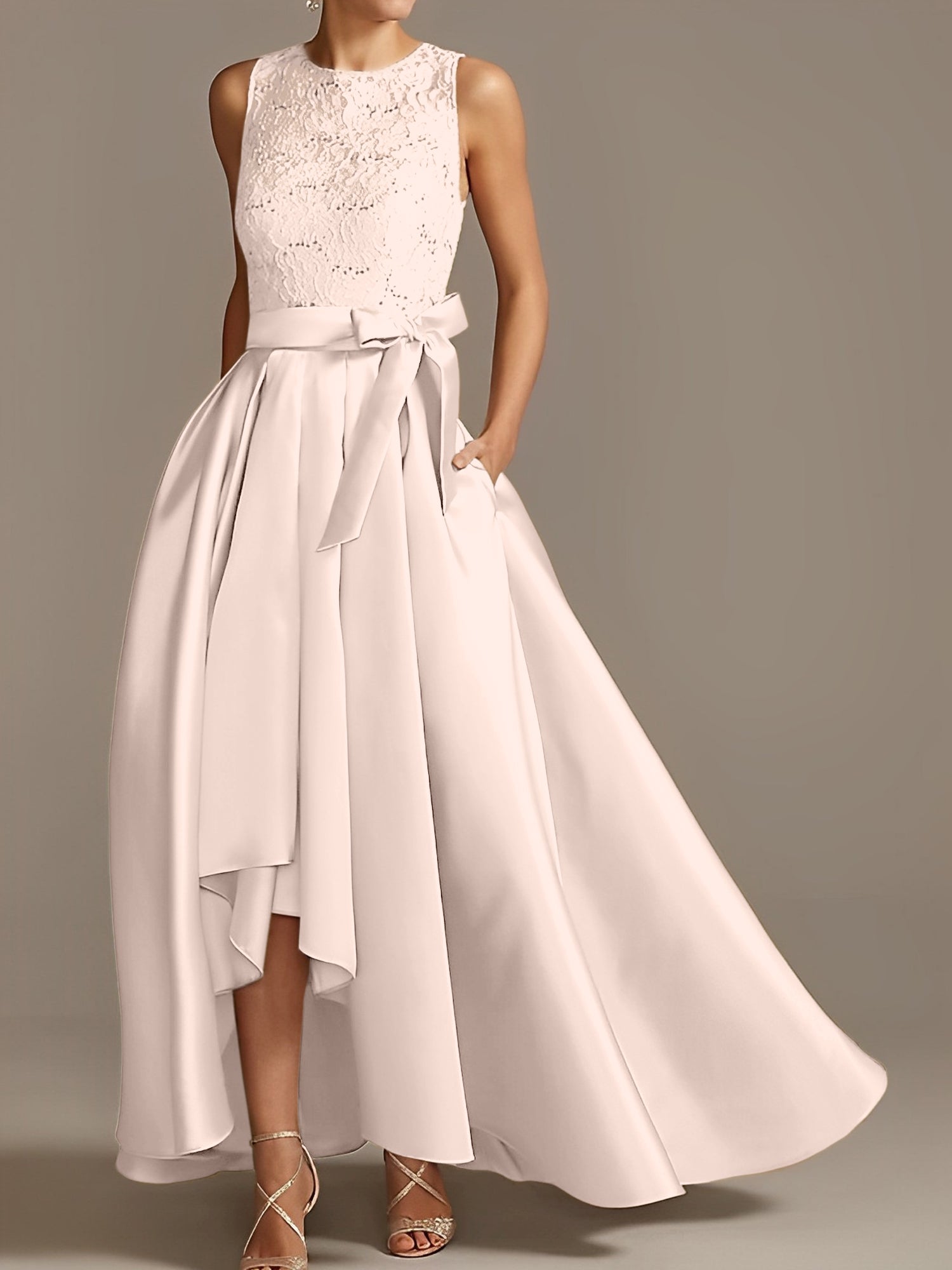 Asymmetrical Princess A-Line Sleeveless Mother Of The Bride Dress With Jewel Neck And Pleats-BMbridal