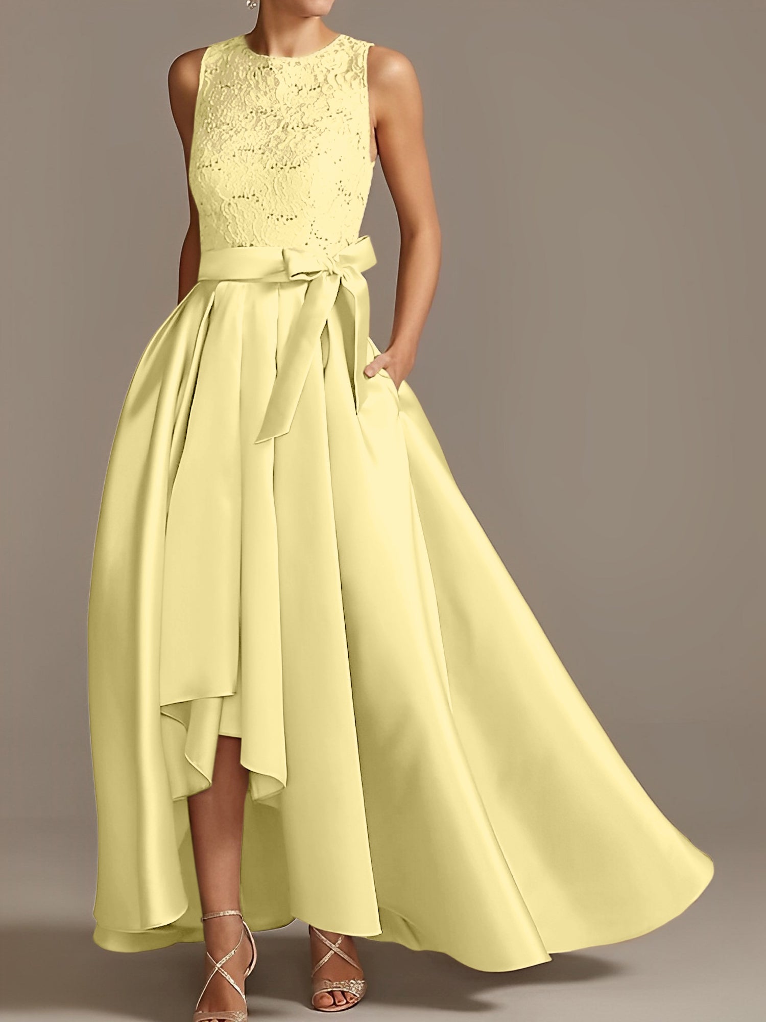 Asymmetrical Princess A-Line Sleeveless Mother Of The Bride Dress With Jewel Neck And Pleats-BMbridal