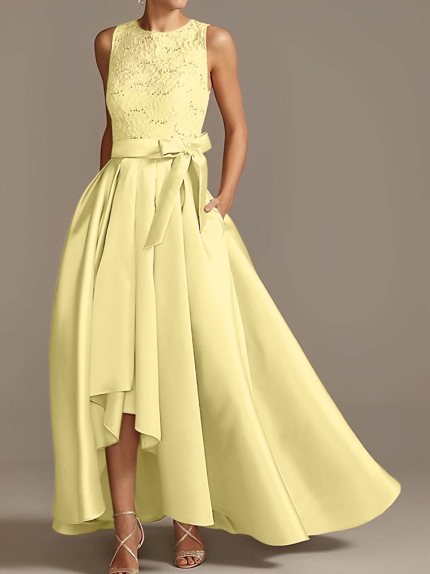 Asymmetrical Princess A-Line Sleeveless Mother Of The Bride Dress With Jewel Neck And Pleats-BMbridal