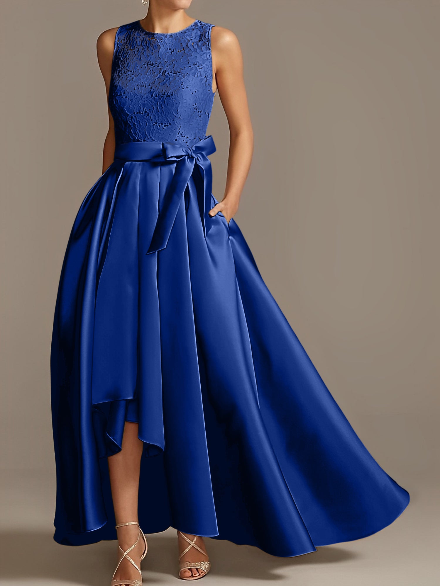 Asymmetrical Princess A-Line Sleeveless Mother Of The Bride Dress With Jewel Neck And Pleats-BMbridal