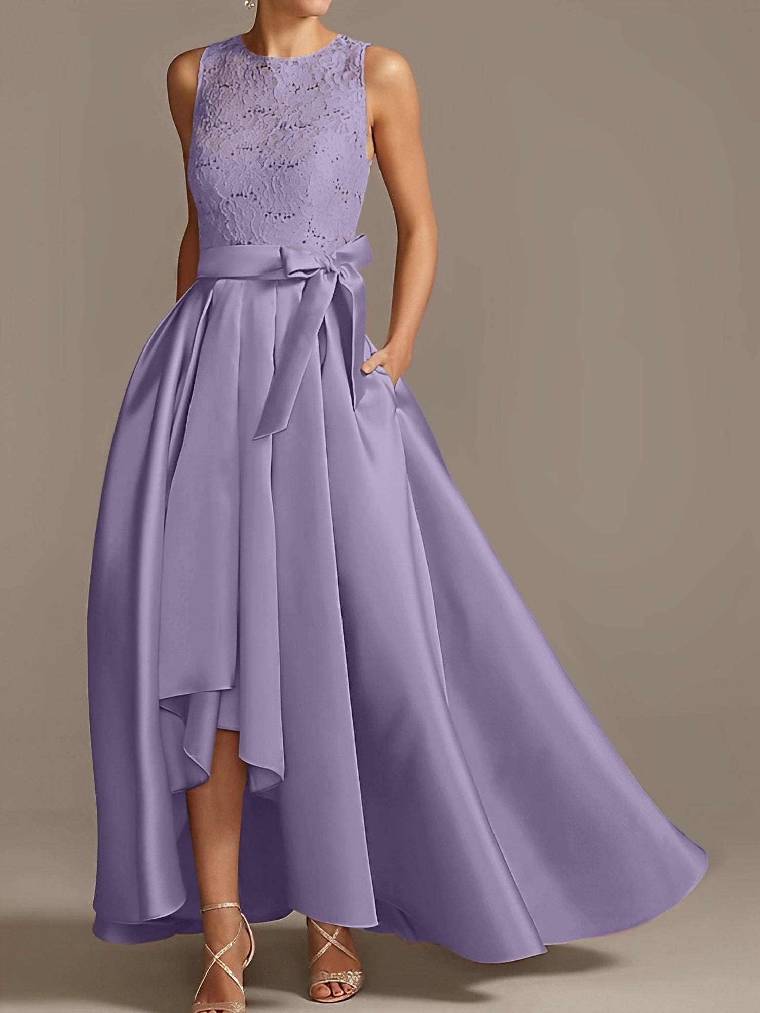 Asymmetrical Princess A-Line Sleeveless Mother Of The Bride Dress With Jewel Neck And Pleats-BMbridal