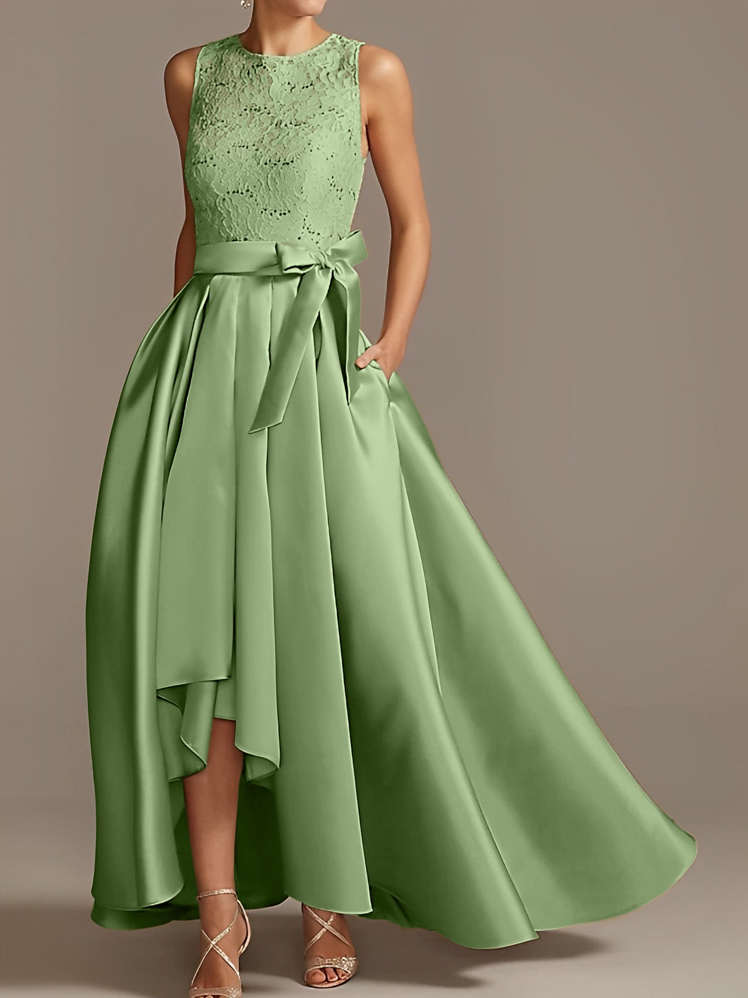 Asymmetrical Princess A-Line Sleeveless Mother Of The Bride Dress With Jewel Neck And Pleats-BMbridal