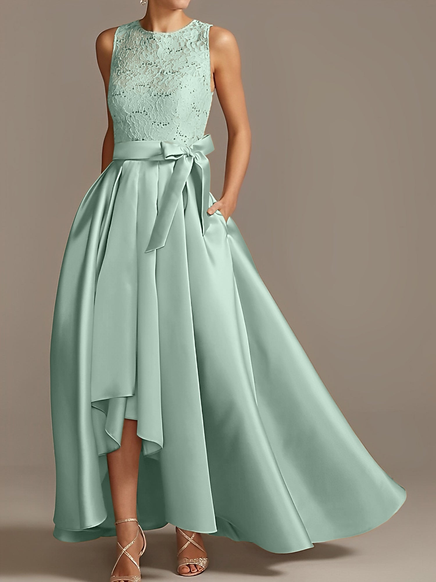 Asymmetrical Princess A-Line Sleeveless Mother Of The Bride Dress With Jewel Neck And Pleats-BMbridal