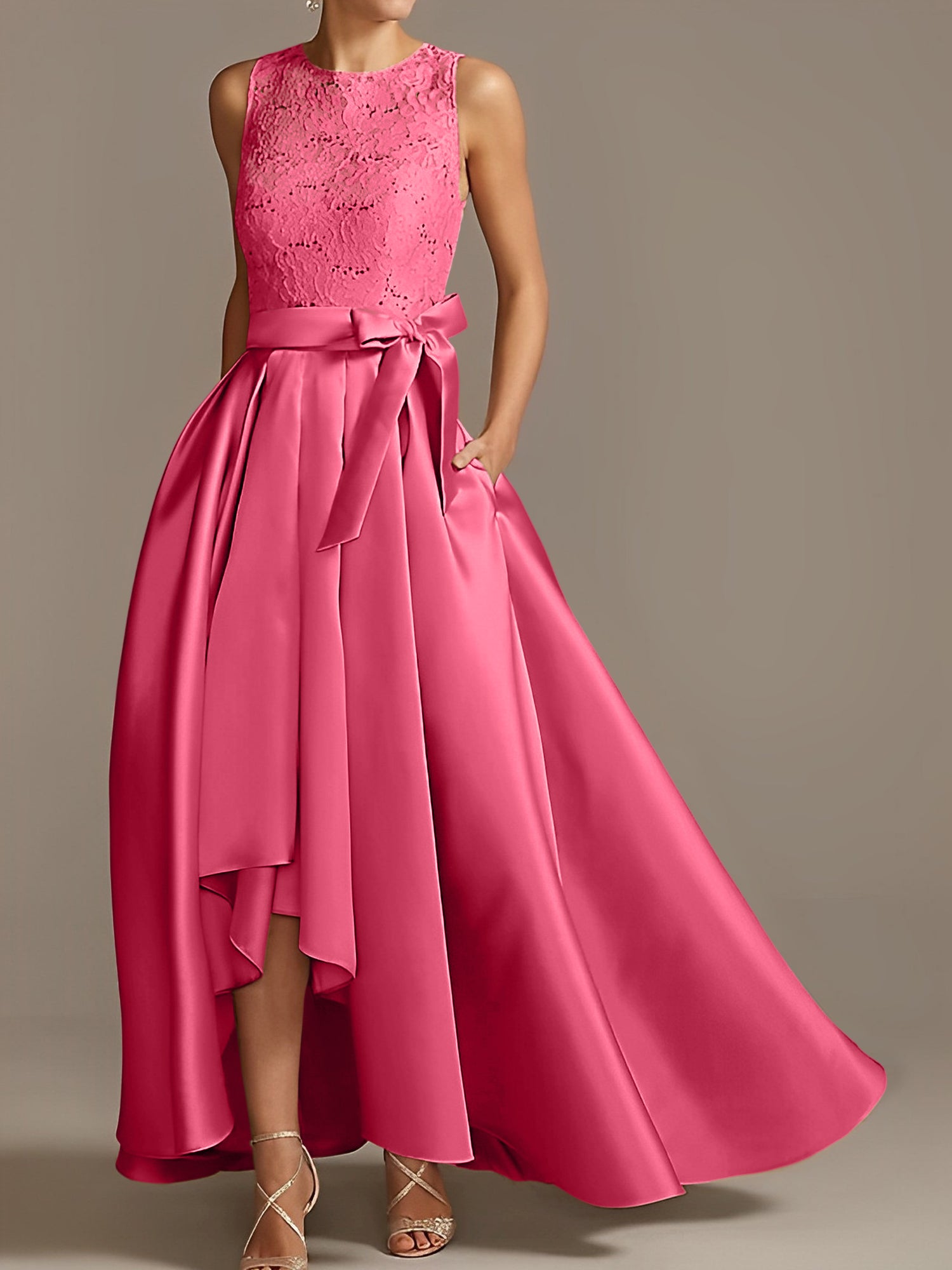 Asymmetrical Princess A-Line Sleeveless Mother Of The Bride Dress With Jewel Neck And Pleats-BMbridal