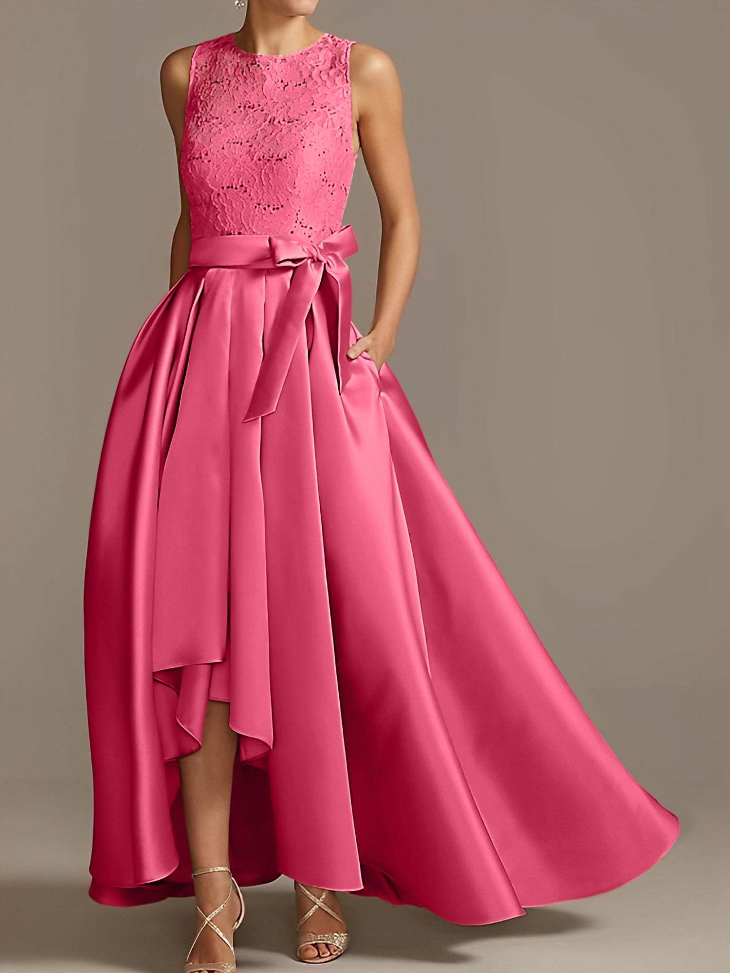 Asymmetrical Princess A-Line Sleeveless Mother Of The Bride Dress With Jewel Neck And Pleats-BMbridal