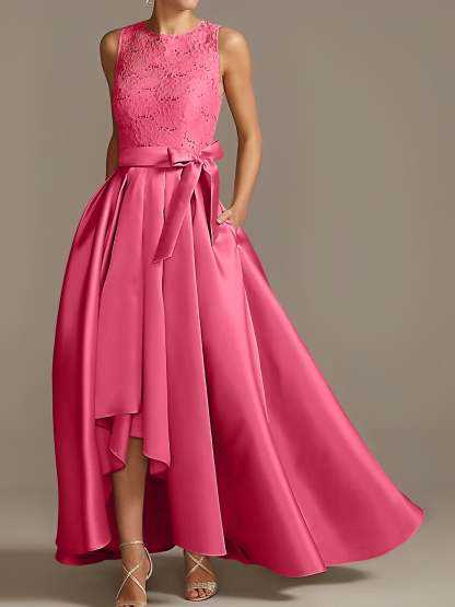 Asymmetrical Princess A-Line Sleeveless Mother Of The Bride Dress With Jewel Neck And Pleats-BMbridal