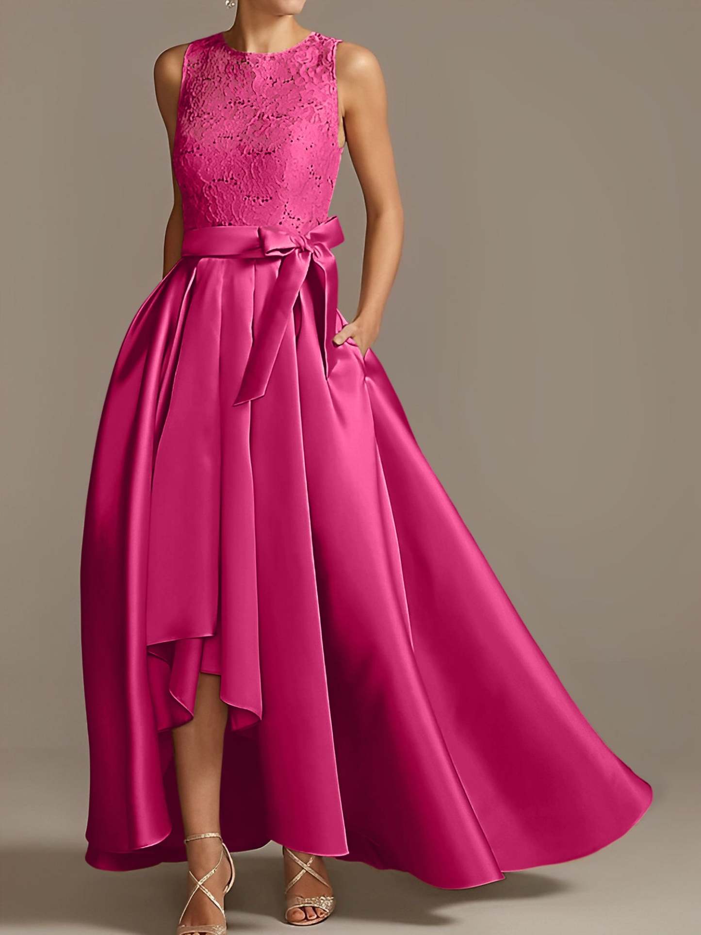 Asymmetrical Princess A-Line Sleeveless Mother Of The Bride Dress With Jewel Neck And Pleats-BMbridal