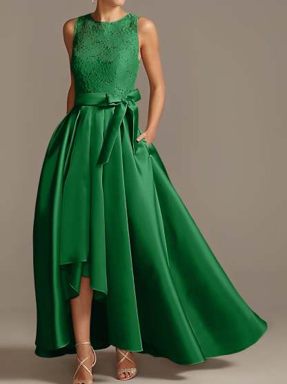 Asymmetrical Princess A-Line Sleeveless Mother Of The Bride Dress With Jewel Neck And Pleats-BMbridal