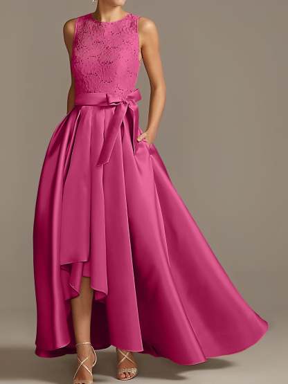 Asymmetrical Princess A-Line Sleeveless Mother Of The Bride Dress With Jewel Neck And Pleats-BMbridal