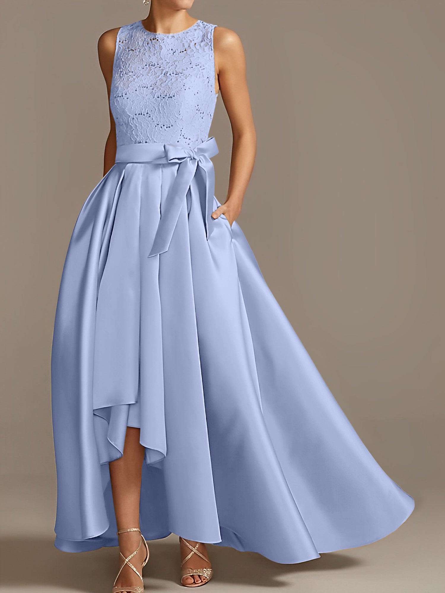 Asymmetrical Princess A-Line Sleeveless Mother Of The Bride Dress With Jewel Neck And Pleats-BMbridal