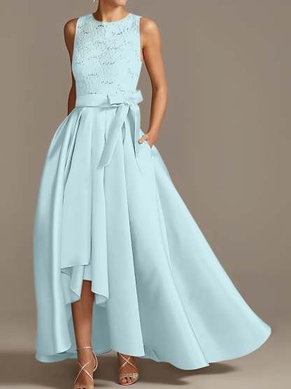 Asymmetrical Princess A-Line Sleeveless Mother Of The Bride Dress With Jewel Neck And Pleats-BMbridal