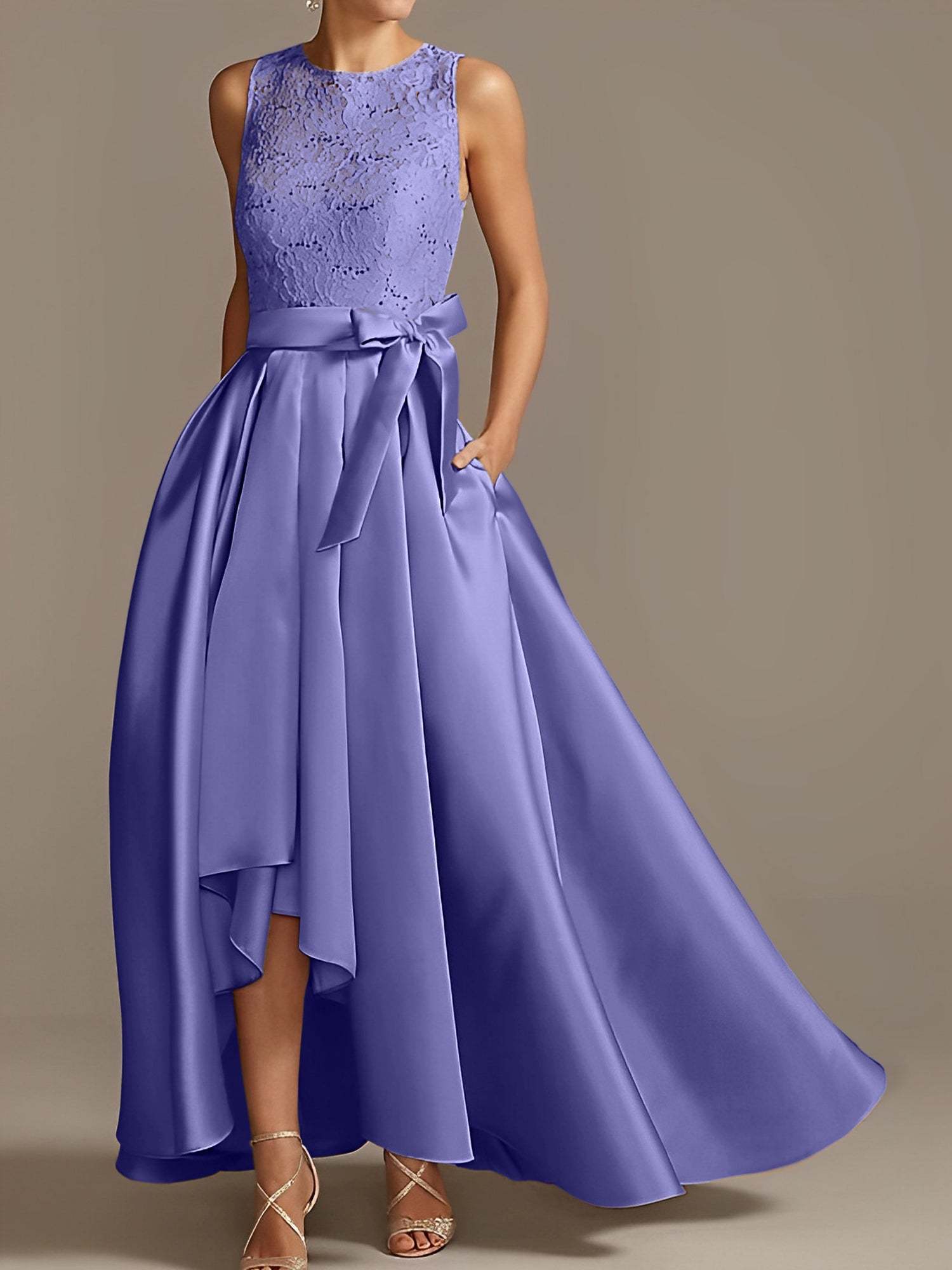Asymmetrical Princess A-Line Sleeveless Mother Of The Bride Dress With Jewel Neck And Pleats-BMbridal
