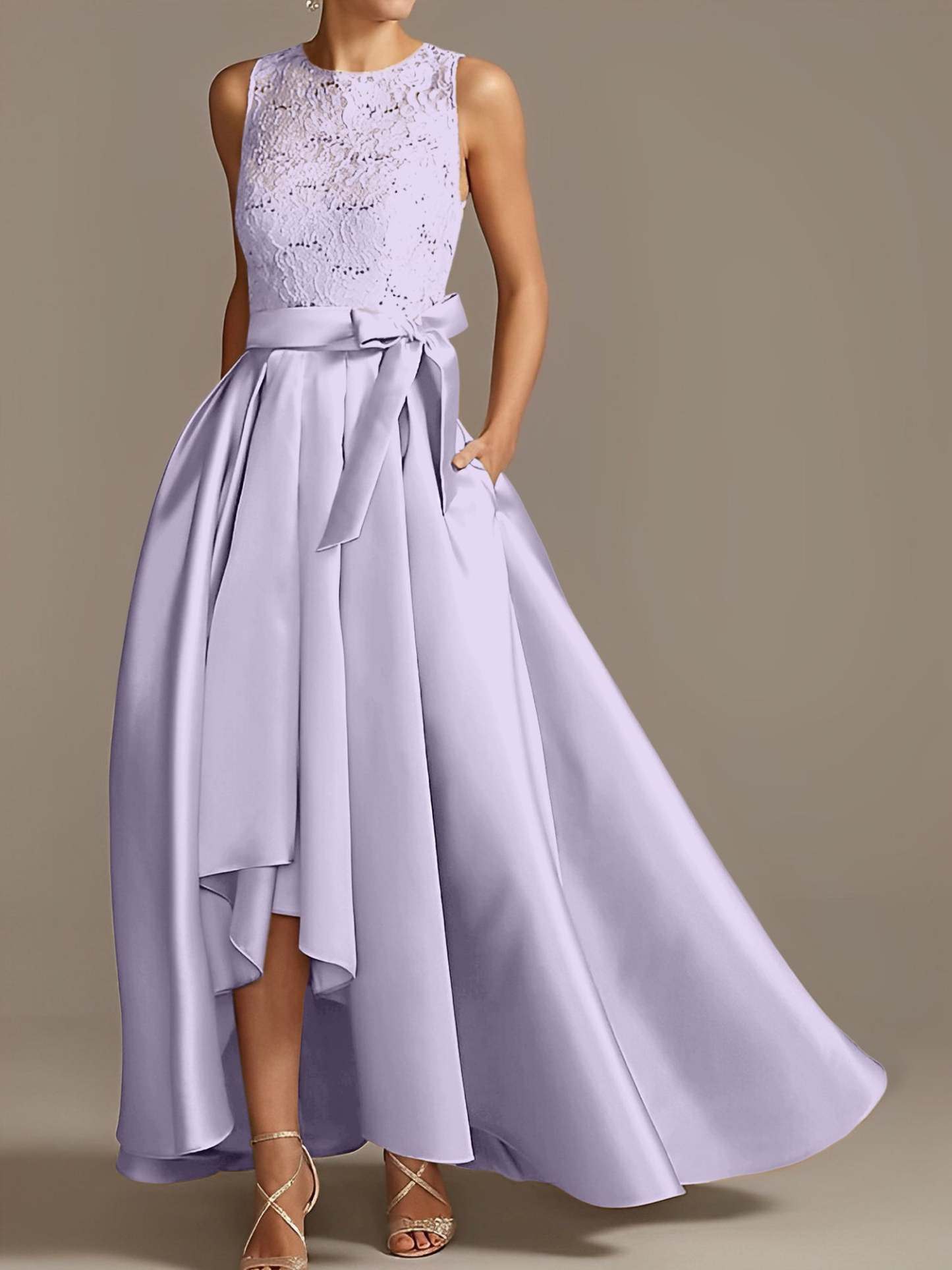 Asymmetrical Princess A-Line Sleeveless Mother Of The Bride Dress With Jewel Neck And Pleats-BMbridal