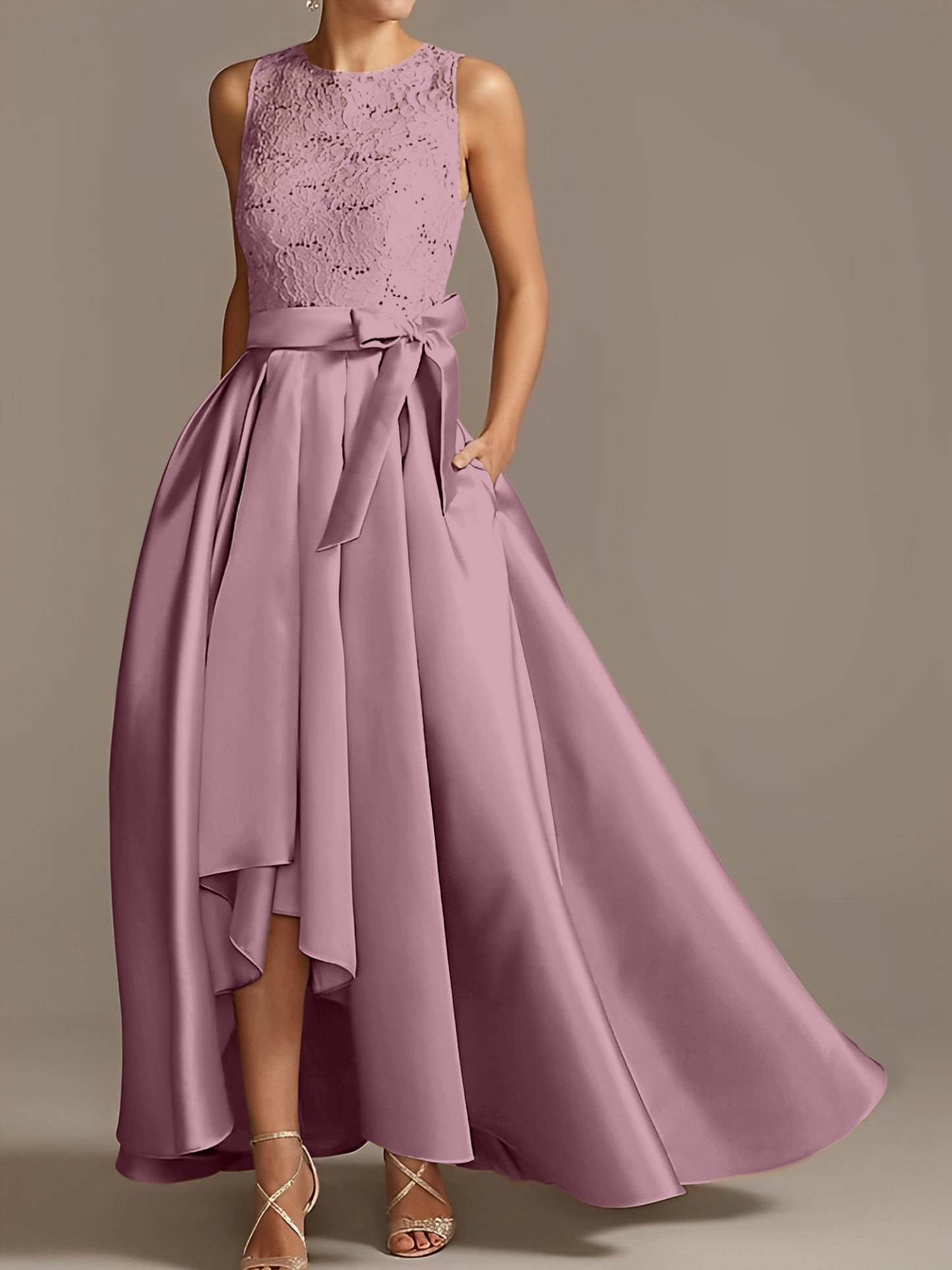 Asymmetrical Princess A-Line Sleeveless Mother Of The Bride Dress With Jewel Neck And Pleats-BMbridal