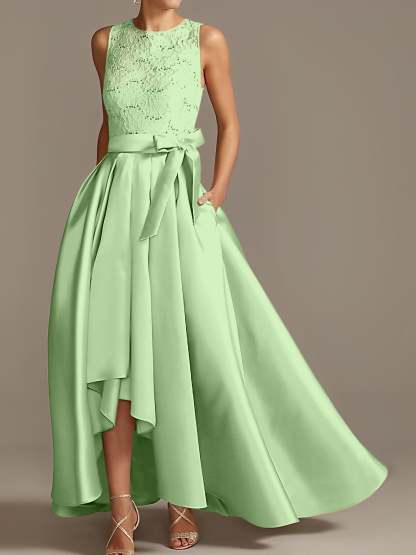 Asymmetrical Princess A-Line Sleeveless Mother Of The Bride Dress With Jewel Neck And Pleats-BMbridal