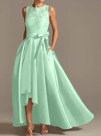 Asymmetrical Princess A-Line Sleeveless Mother Of The Bride Dress With Jewel Neck And Pleats-BMbridal