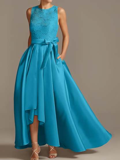 Asymmetrical Princess A-Line Sleeveless Mother Of The Bride Dress With Jewel Neck And Pleats-BMbridal