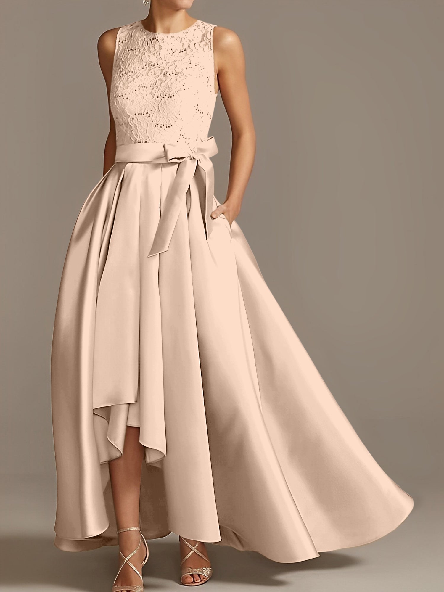 Asymmetrical Princess A-Line Sleeveless Mother Of The Bride Dress With Jewel Neck And Pleats-BMbridal