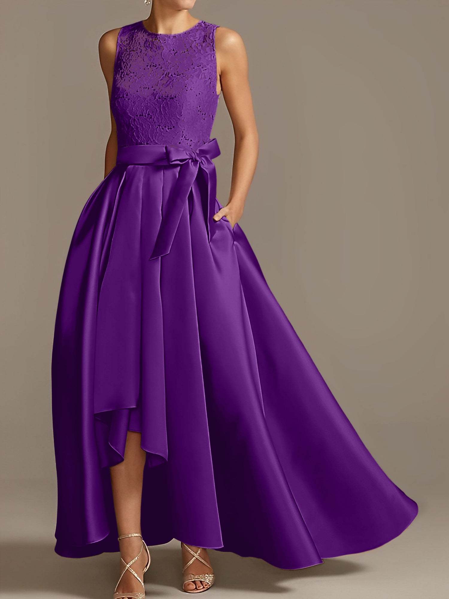 Asymmetrical Princess A-Line Sleeveless Mother Of The Bride Dress With Jewel Neck And Pleats-BMbridal