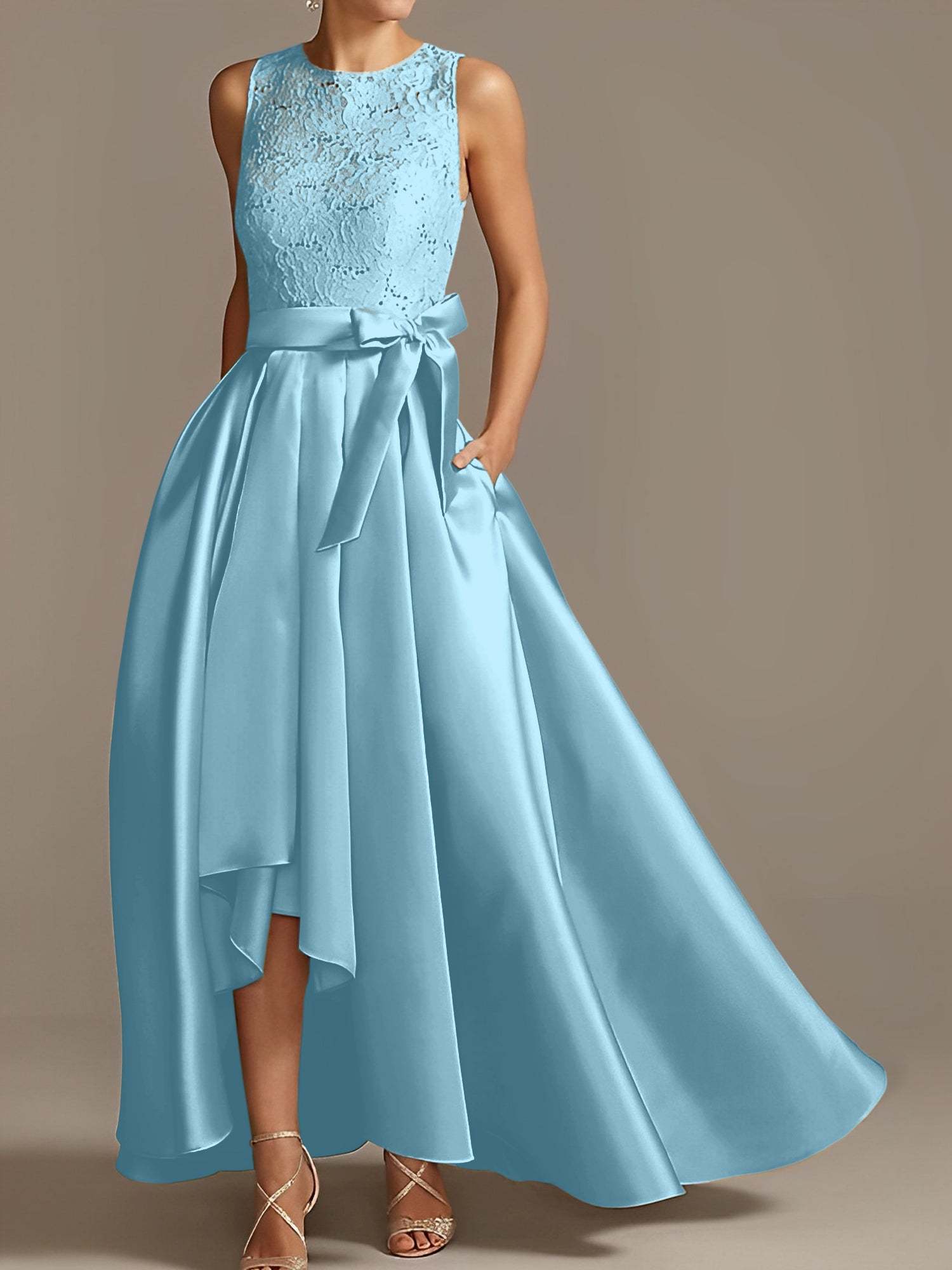 Asymmetrical Princess A-Line Sleeveless Mother Of The Bride Dress With Jewel Neck And Pleats-BMbridal