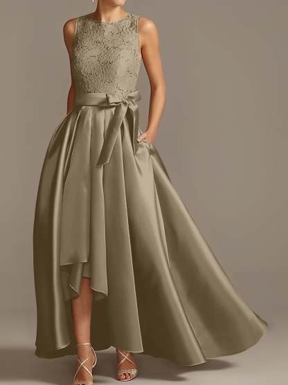 Asymmetrical Princess A-Line Sleeveless Mother Of The Bride Dress With Jewel Neck And Pleats-BMbridal