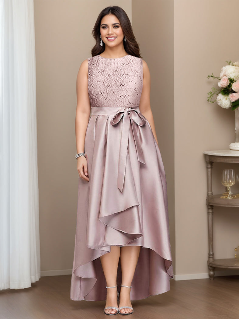 Plus Size Asymmetrical A-Line Mother Of The Bride Dress With Jewel Neck And Pleats-BMbridal