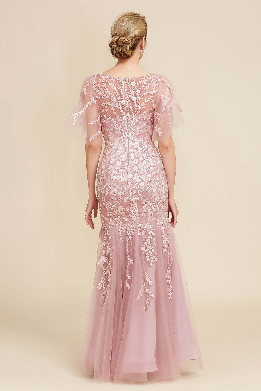 Floor-Length Mother of the Bride Lace Dresses with Trumpet/Mermaid Scoop Half Sleeves-BMbridal