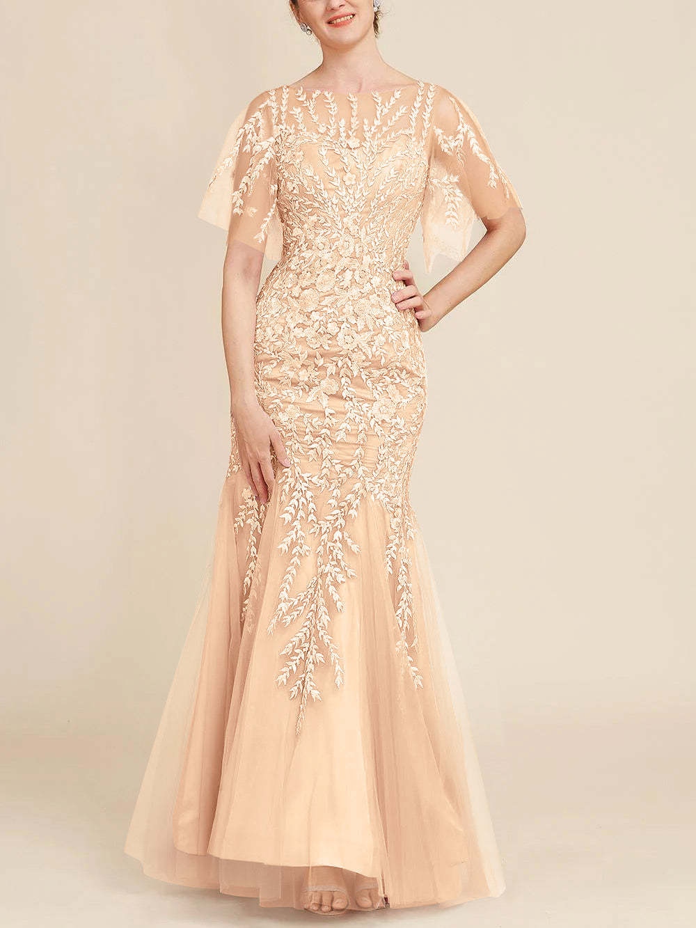 Floor-Length Mother of the Bride Lace Dresses with Trumpet/Mermaid Scoop Half Sleeves-BMbridal
