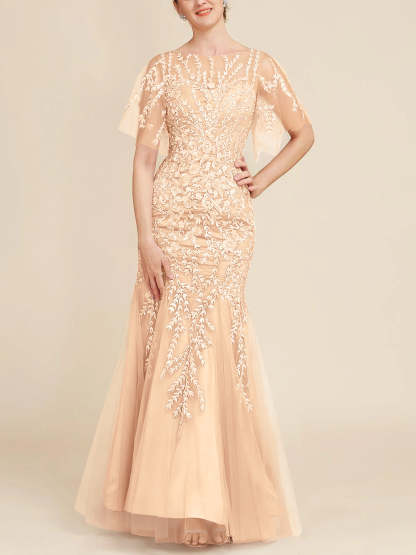 Floor-Length Mother of the Bride Lace Dresses with Trumpet/Mermaid Scoop Half Sleeves-BMbridal