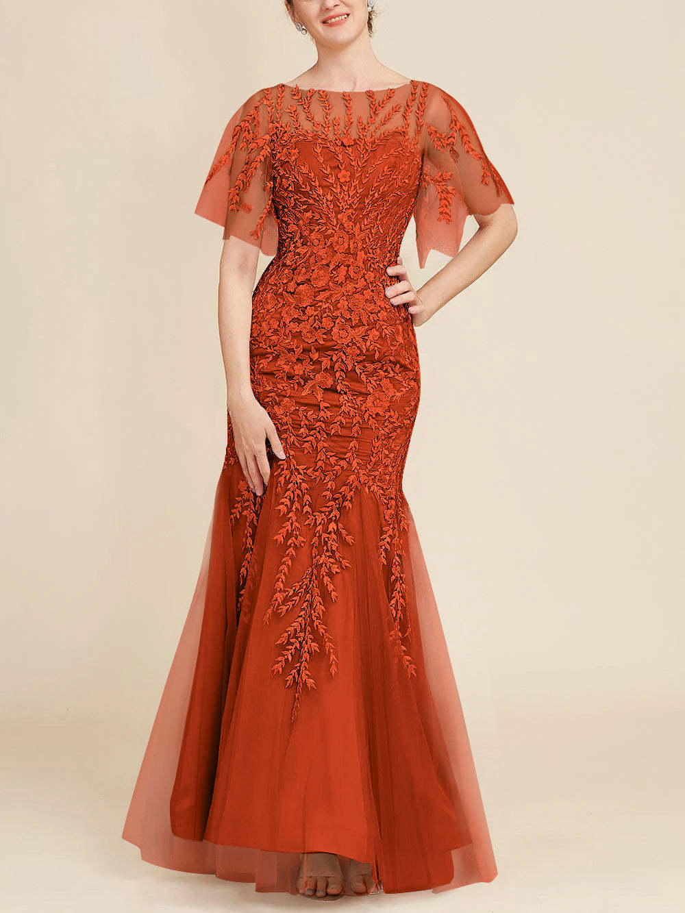 Floor-Length Mother of the Bride Lace Dresses with Trumpet/Mermaid Scoop Half Sleeves-BMbridal