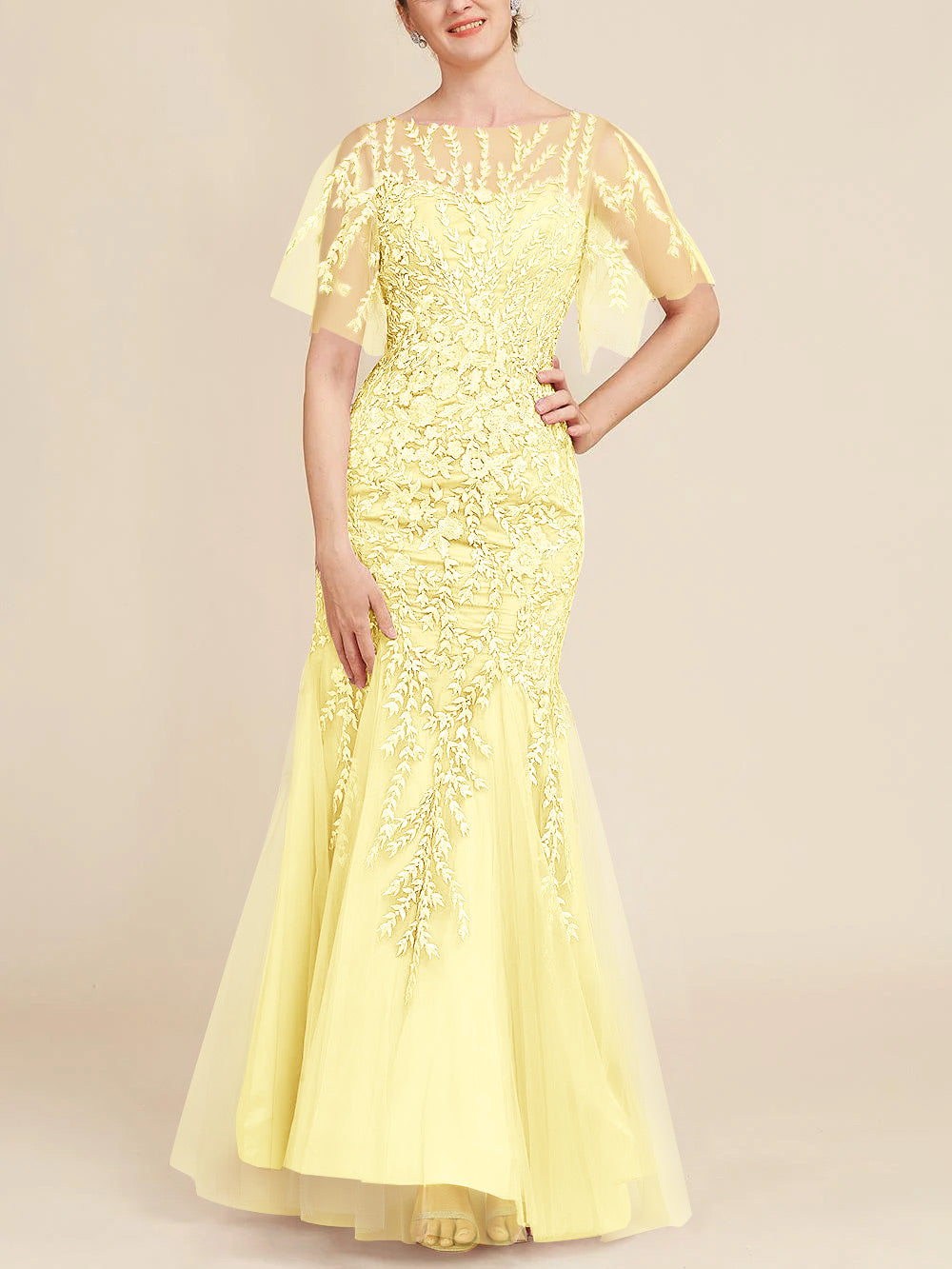Floor-Length Mother of the Bride Lace Dresses with Trumpet/Mermaid Scoop Half Sleeves-BMbridal