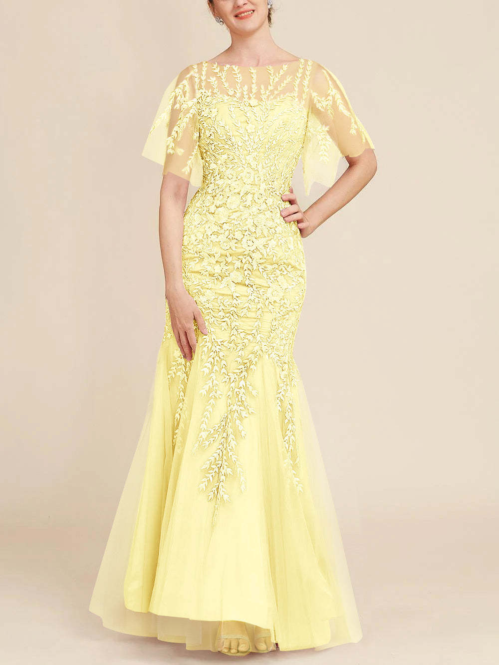 Floor-Length Mother of the Bride Lace Dresses with Trumpet/Mermaid Scoop Half Sleeves-BMbridal