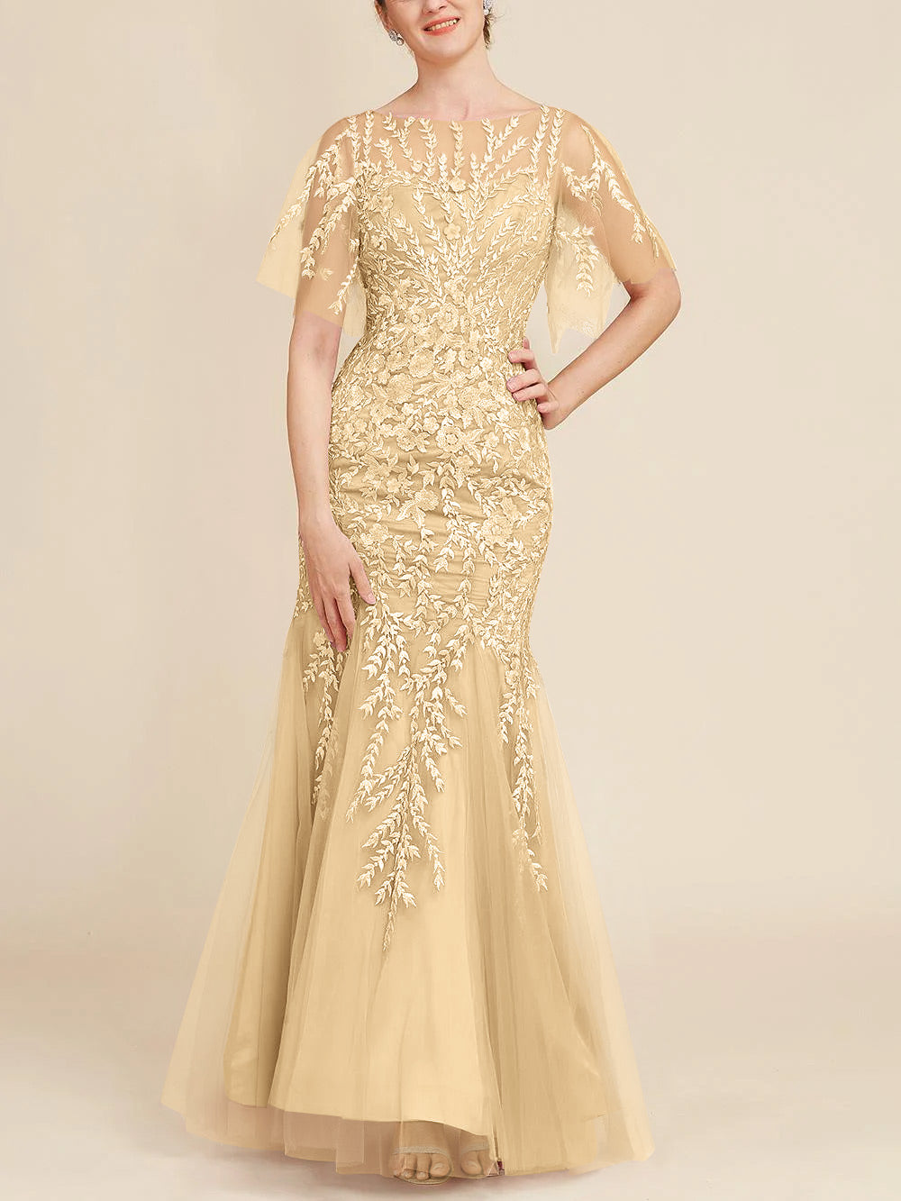 Floor-Length Mother of the Bride Lace Dresses with Trumpet/Mermaid Scoop Half Sleeves-BMbridal