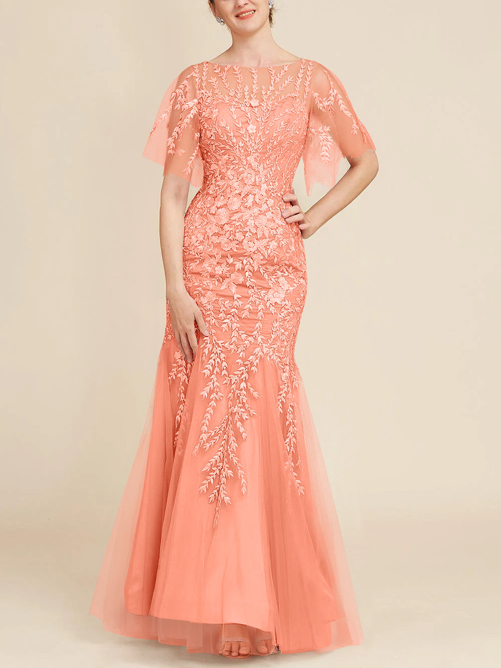 Floor-Length Mother of the Bride Lace Dresses with Trumpet/Mermaid Scoop Half Sleeves-BMbridal