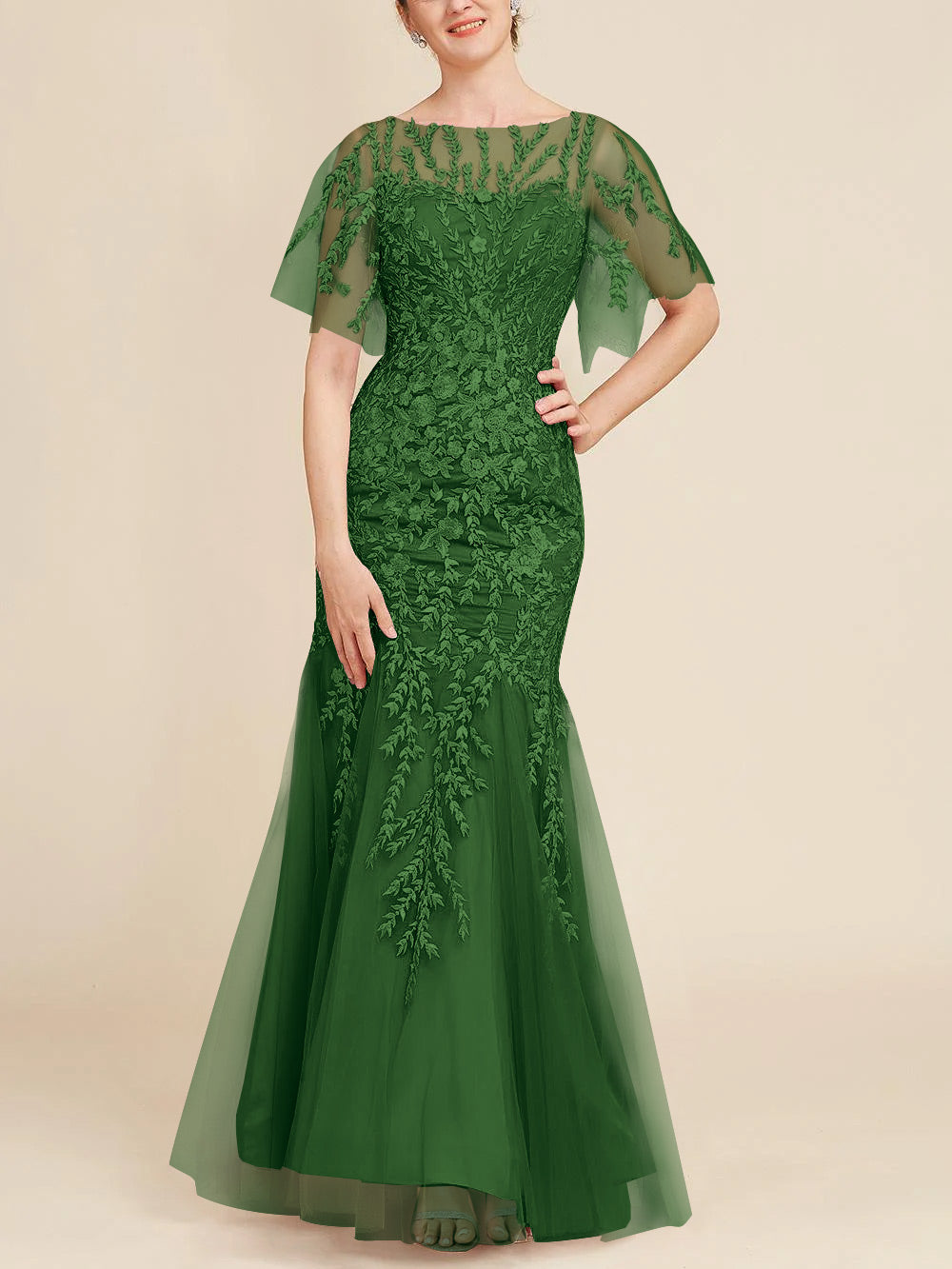 Floor-Length Mother of the Bride Lace Dresses with Trumpet/Mermaid Scoop Half Sleeves-BMbridal