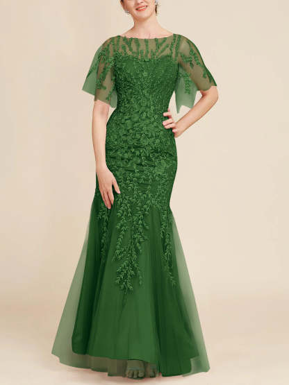 Floor-Length Mother of the Bride Lace Dresses with Trumpet/Mermaid Scoop Half Sleeves-BMbridal