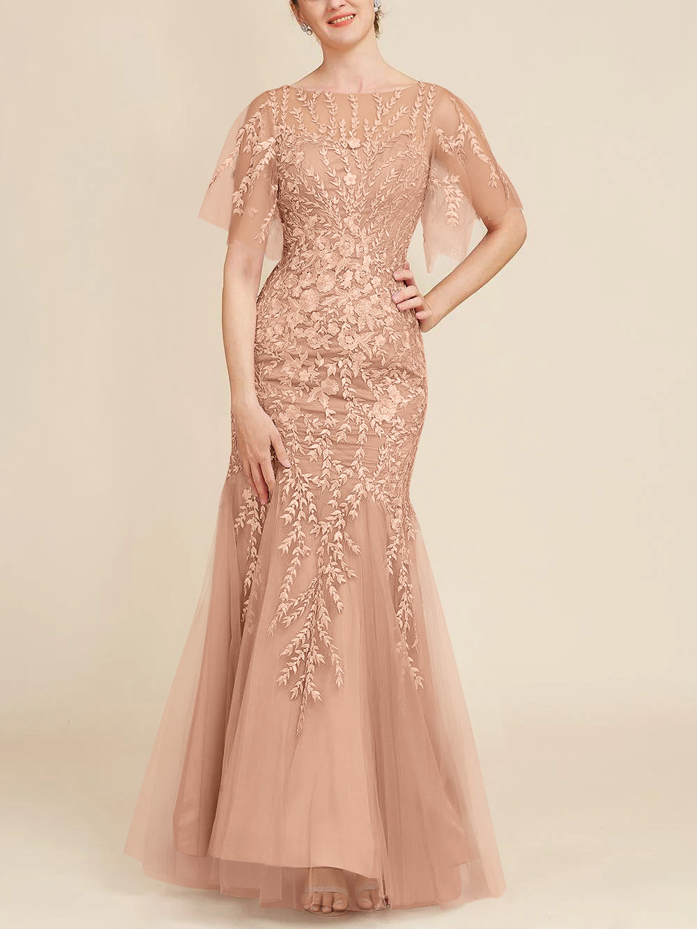 Floor-Length Mother of the Bride Lace Dresses with Trumpet/Mermaid Scoop Half Sleeves-BMbridal
