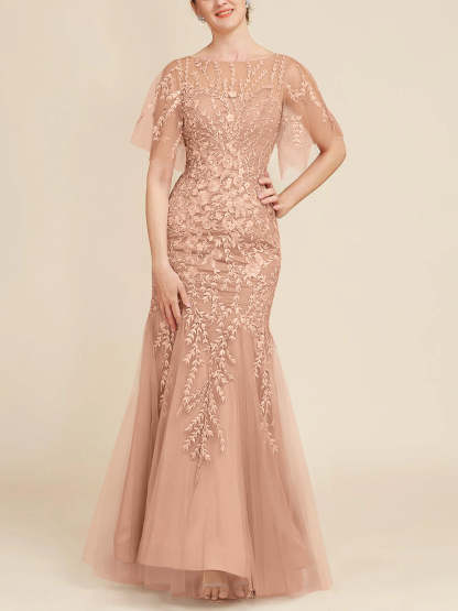 Floor-Length Mother of the Bride Lace Dresses with Trumpet/Mermaid Scoop Half Sleeves-BMbridal